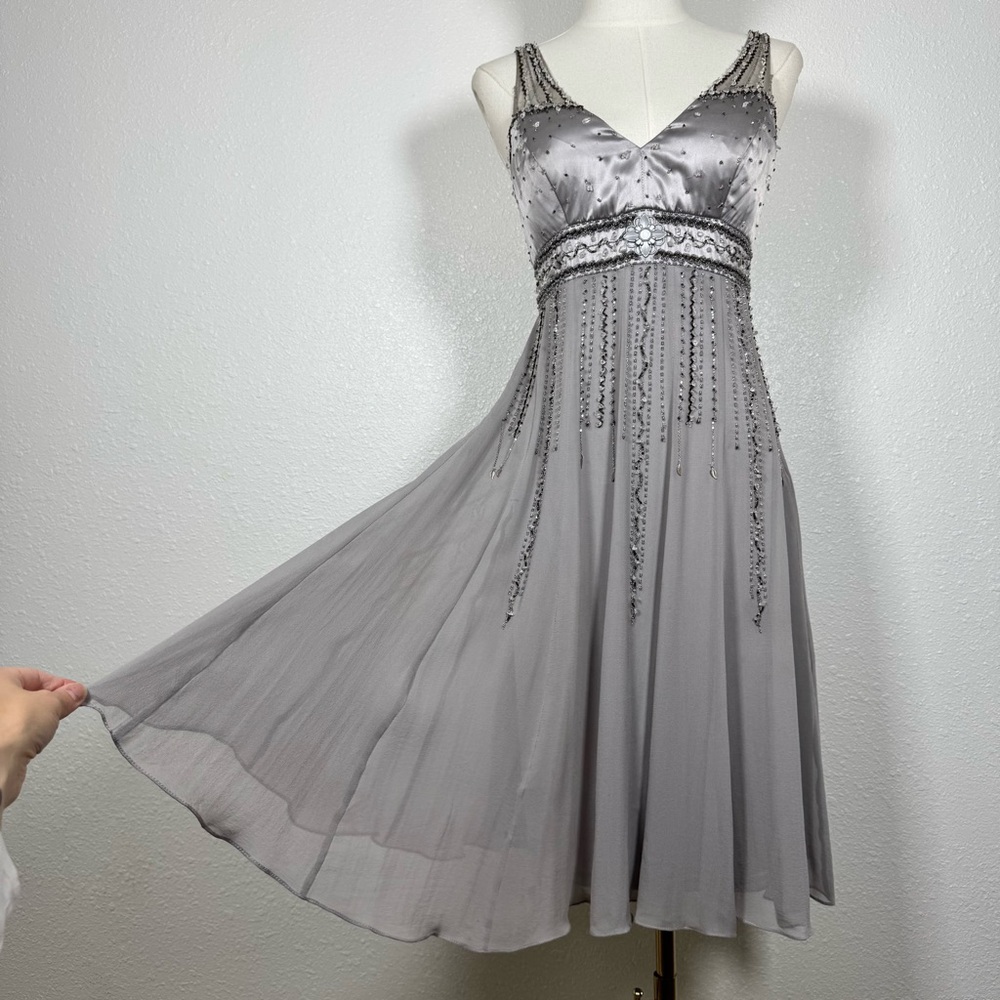 Sue Wong Nocturne crystal whimsical Cocktail Dress Gray Silver Empire Waist 4